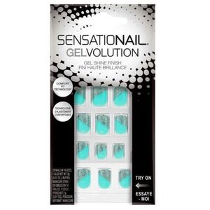 Sensationail Gelvolution Aqua Shine 72134 Press On Nails Teal Silver Glitter 28c